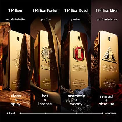 Four different bottles of 1 Million perfume with their respective scents and packaging designs.