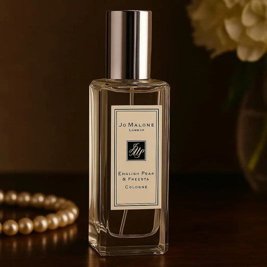Jo Malone English Pear & Freesia Cologne bolttle in a luxurious background.