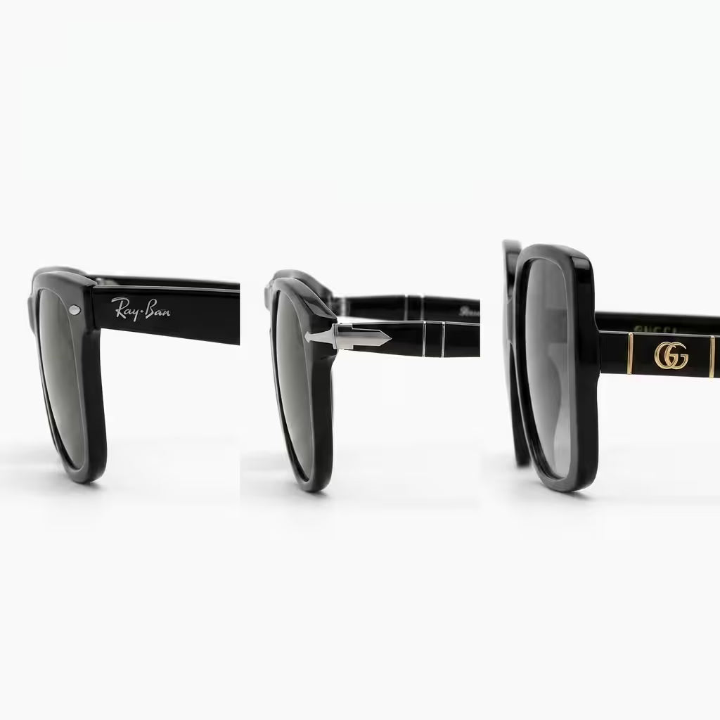 Een Ray-Ban Wayfarer, Persol PO0714 en een Gucci GG0632S zonnebril naast elkaar op een witte achtergrond.
