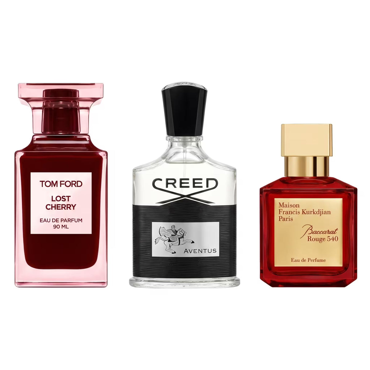 Een Tom Ford Lost Cherry, Creed Aventus en een Maison Francis Kurkdjian Baccarat Rouge 540 parfumfles tegen een witte achtergrond