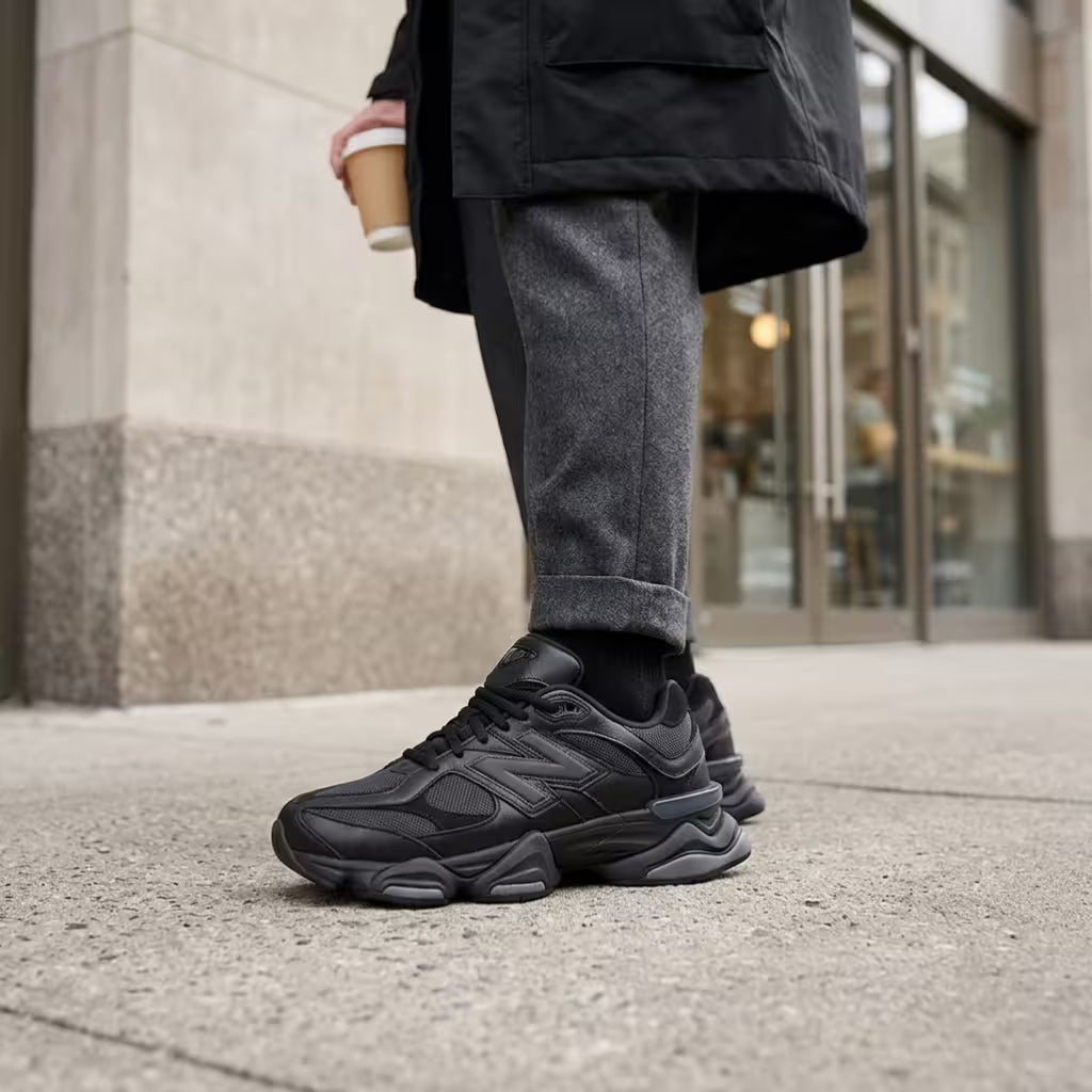 New Balance 9060 Triple Black Leather Mens Trainers U9060NRI Premium Lifestyle Comfort