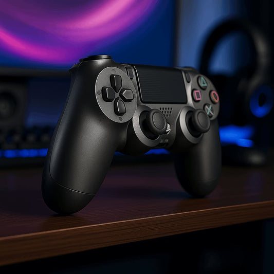 Black gaming controller on a wooden surface with a blurred colorful background
