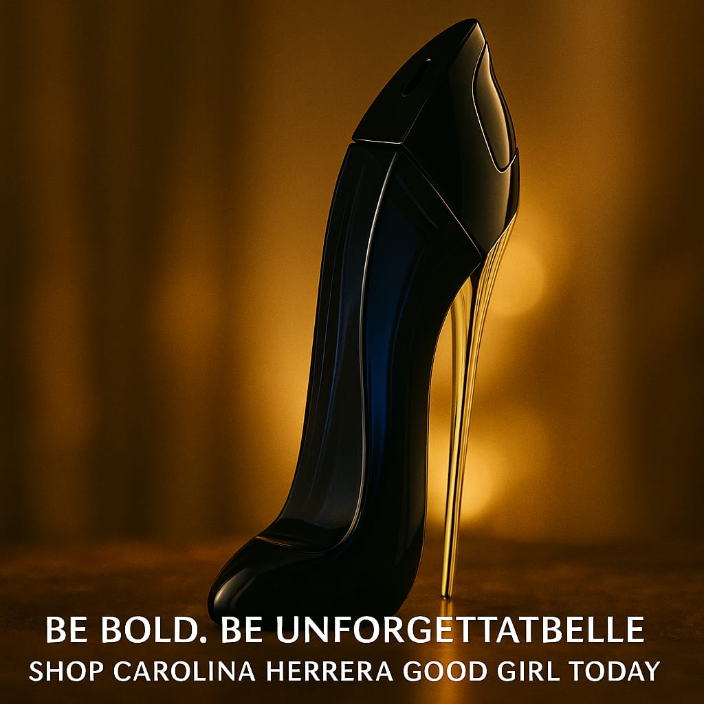 Black high-heeled shoe on a warm brown background with promotional text.