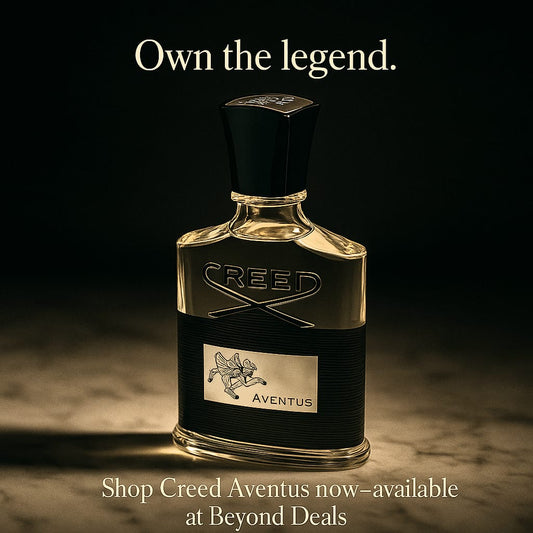 Creed Aventus perfume bottle with 'Own the legend' text on a dark background