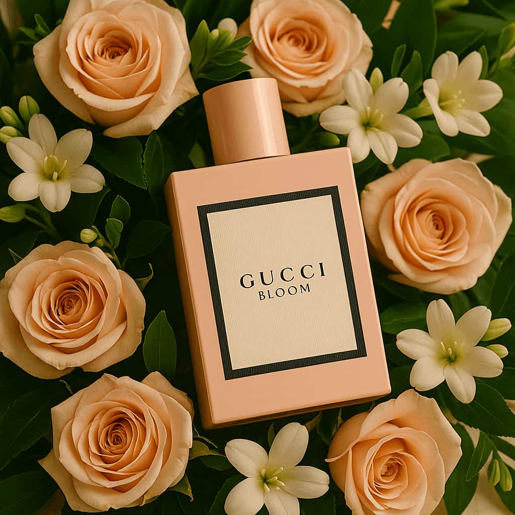 Gucci Bloom perfume bottle surrounded by roses and greenery