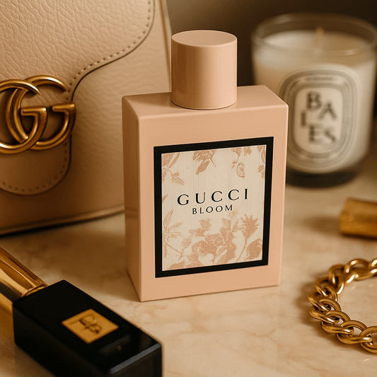 Gucci Bloom perfume bottle with a Gucci handbag and candle in the background