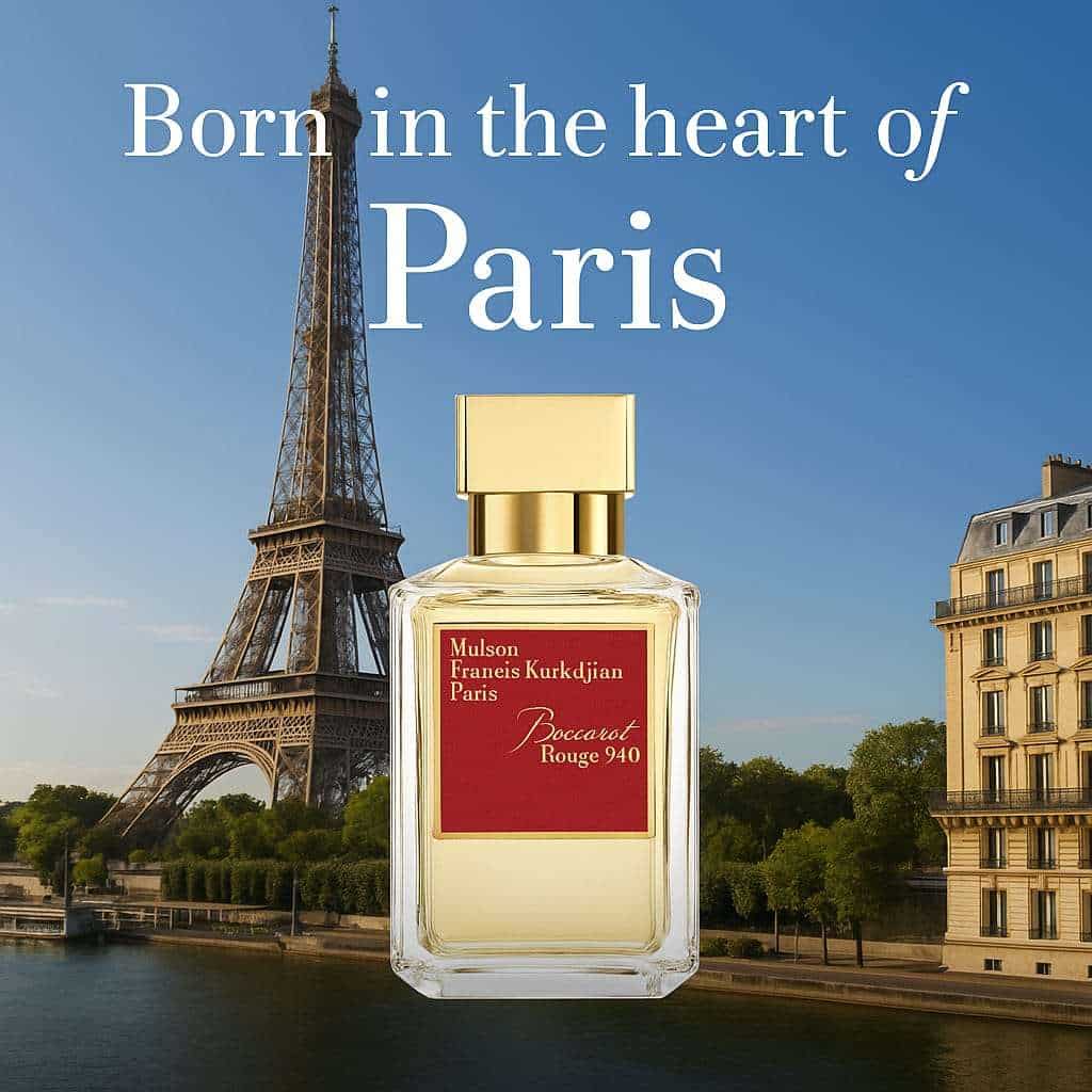 Perfume bottle with Eiffel Tower and Parisian architecture in the background