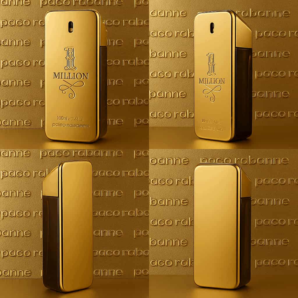 Gold perfume bottle with 'Paco Rabanne' branding on a matching gold background.