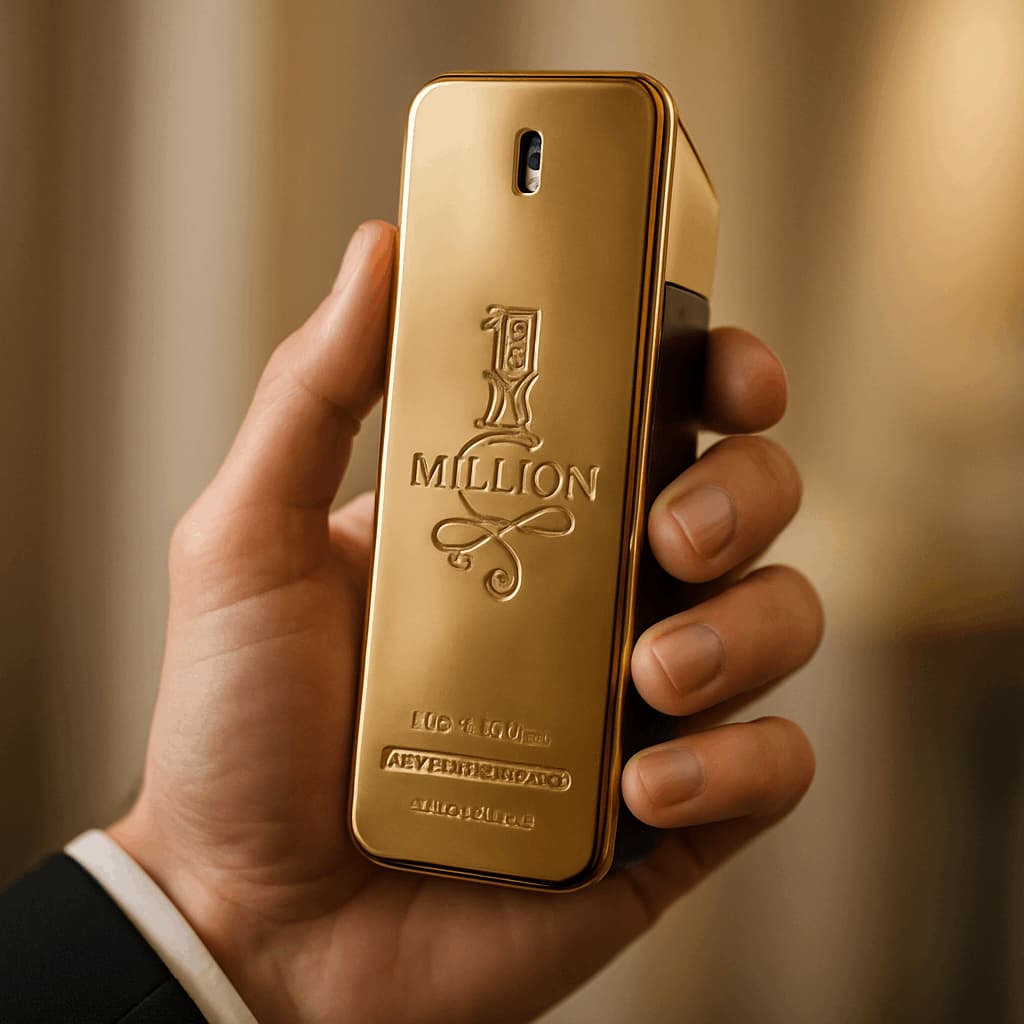 Gold '1 Million' branding held in a hand against a blurred background
