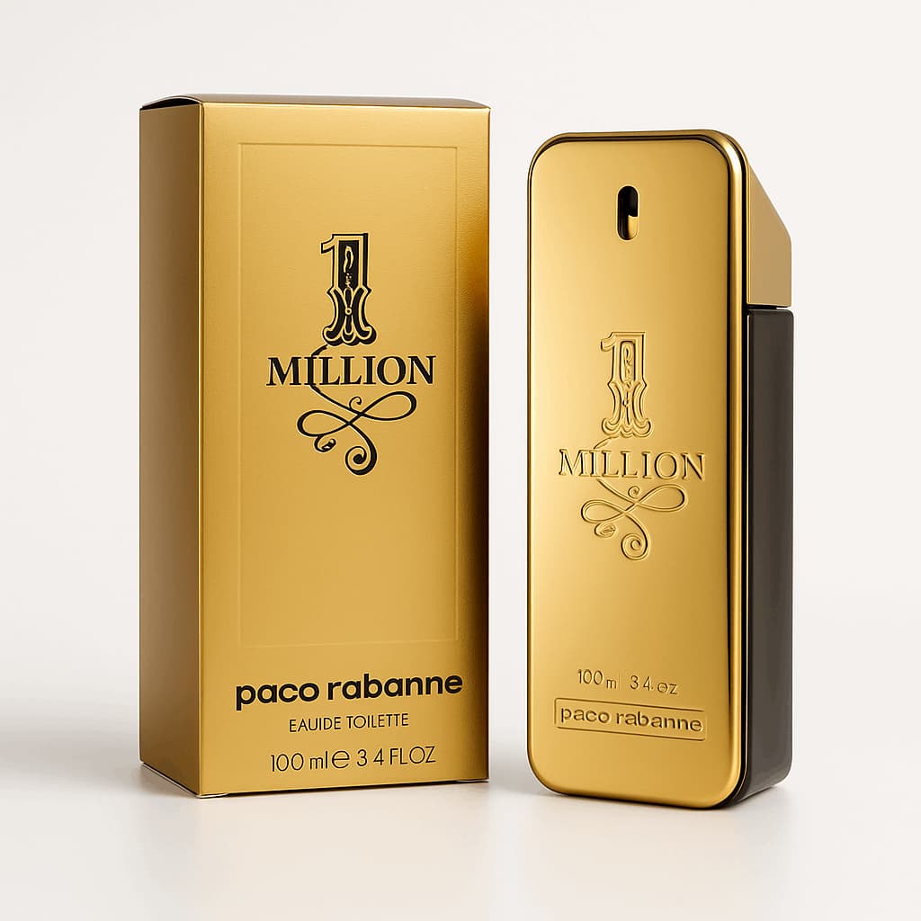 Paco Rabanne 1 Million perfume bottle and packaging on a white background