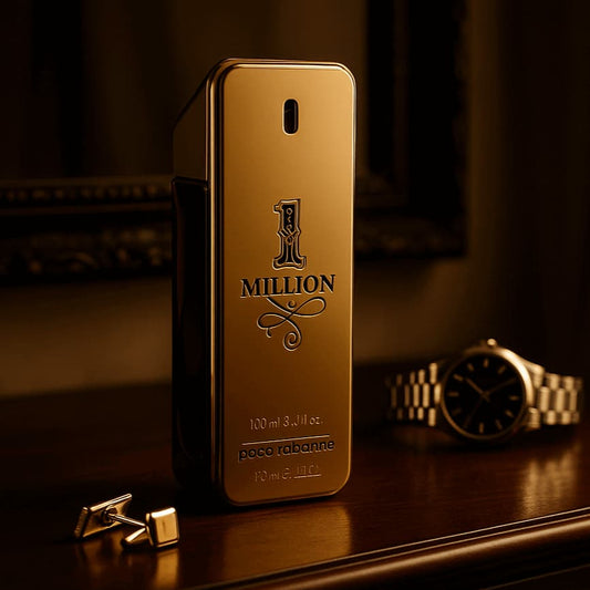Gold '1 Million' perfume bottle by Paco Rabanne on a dark surface with a watch and cufflinks.