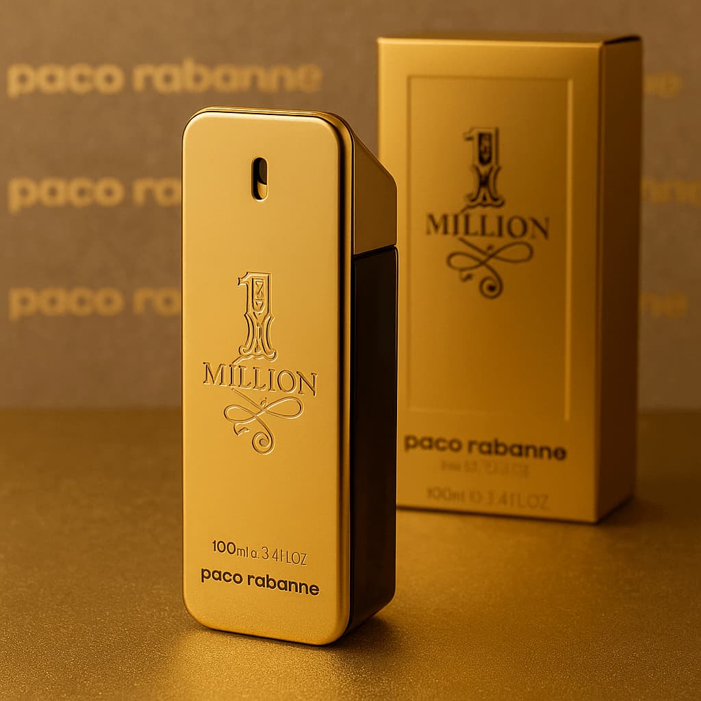 Paco Rabanne 1 Million perfume bottle and packaging on a gold background