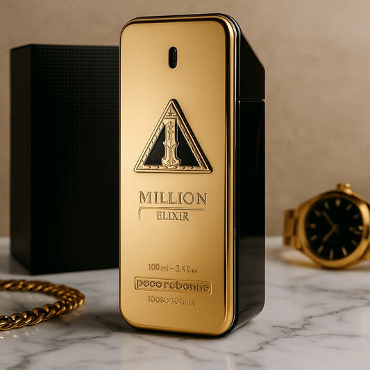 Gold 'Million Elixir' perfume bottle with packaging and watch on marble surface