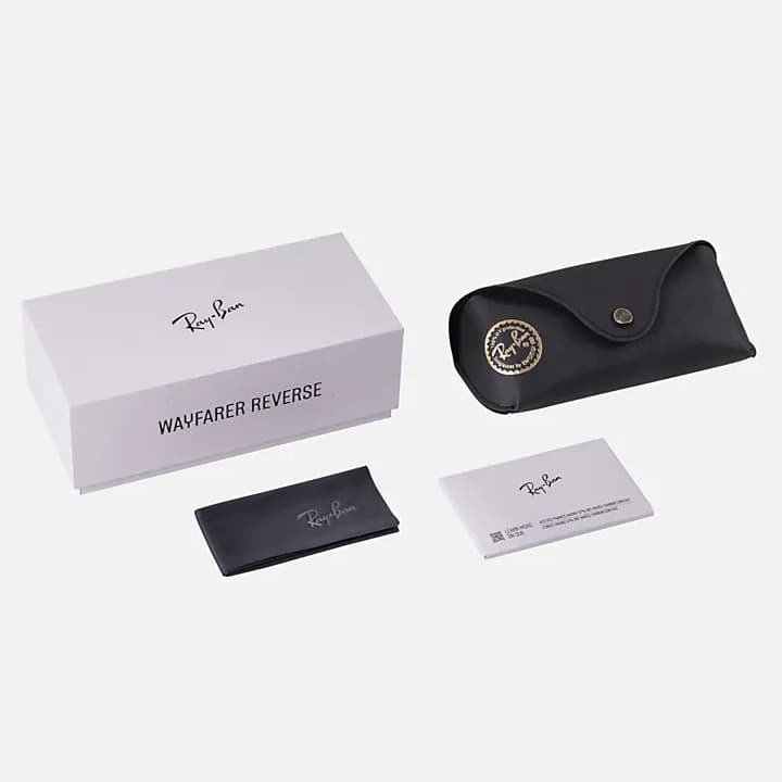 Ray-Ban eyewear packaging set including box, case, and card on a white background