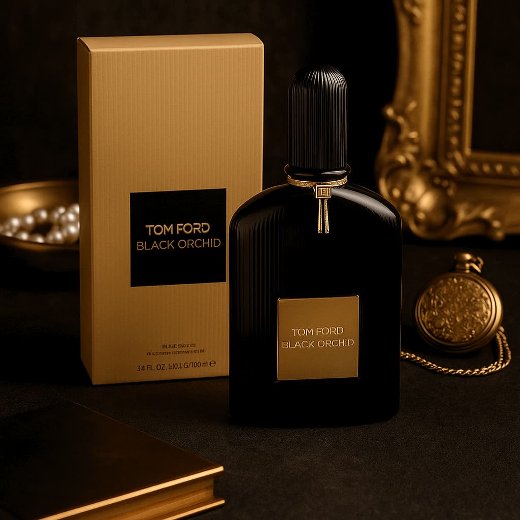 Tom Ford Black Orchid perfume bottle and packaging on a dark background