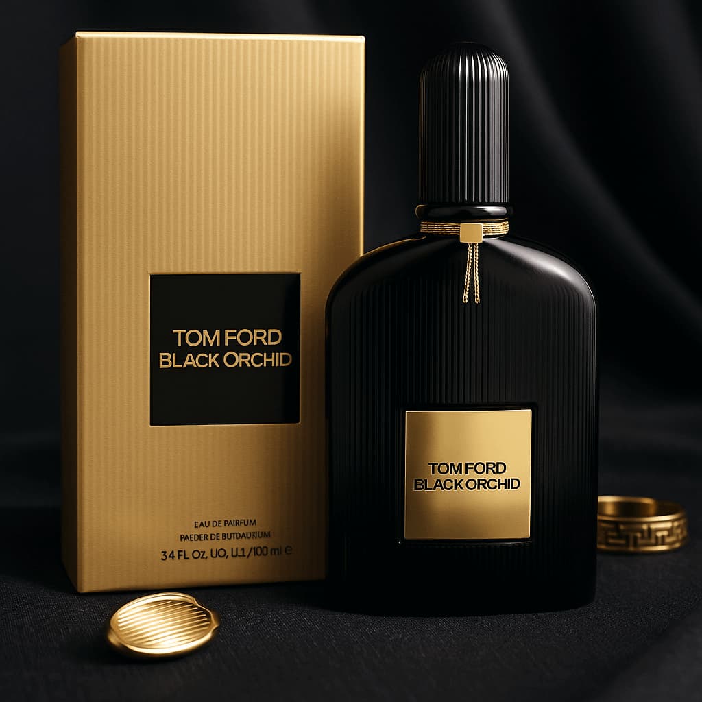 Tom Ford Black Orchid perfume bottle and packaging on a dark background