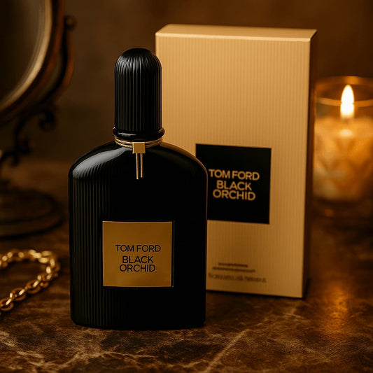Tom Ford Black Orchid perfume bottle and packaging on a textured surface with a candle in the background.