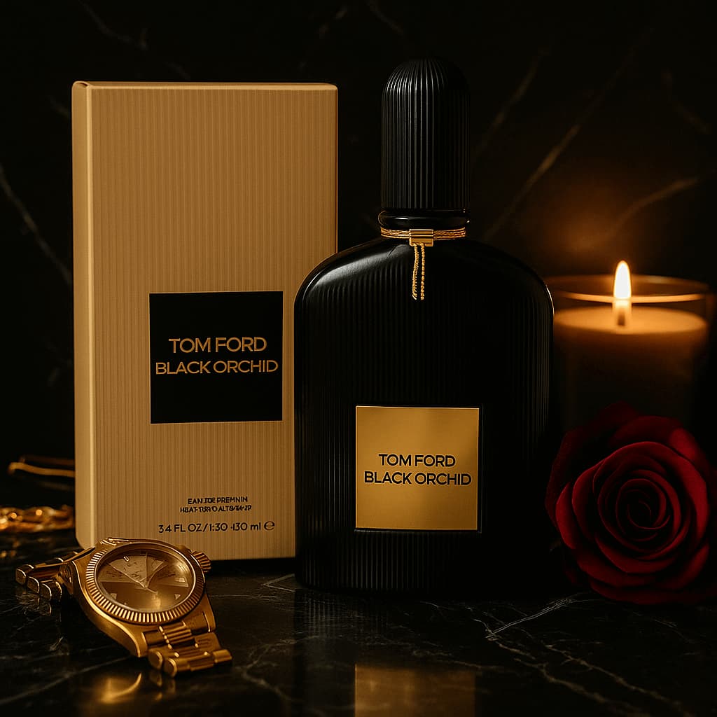 Tom Ford Black Orchid perfume bottle and packaging with a candle and rose on a dark background