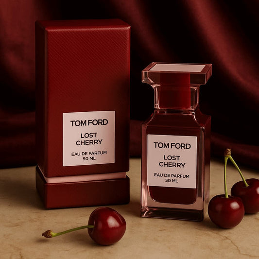 A 50ml Tom Ford Lost Cherry Bottle With a Box in a relevant cherry luxury red background