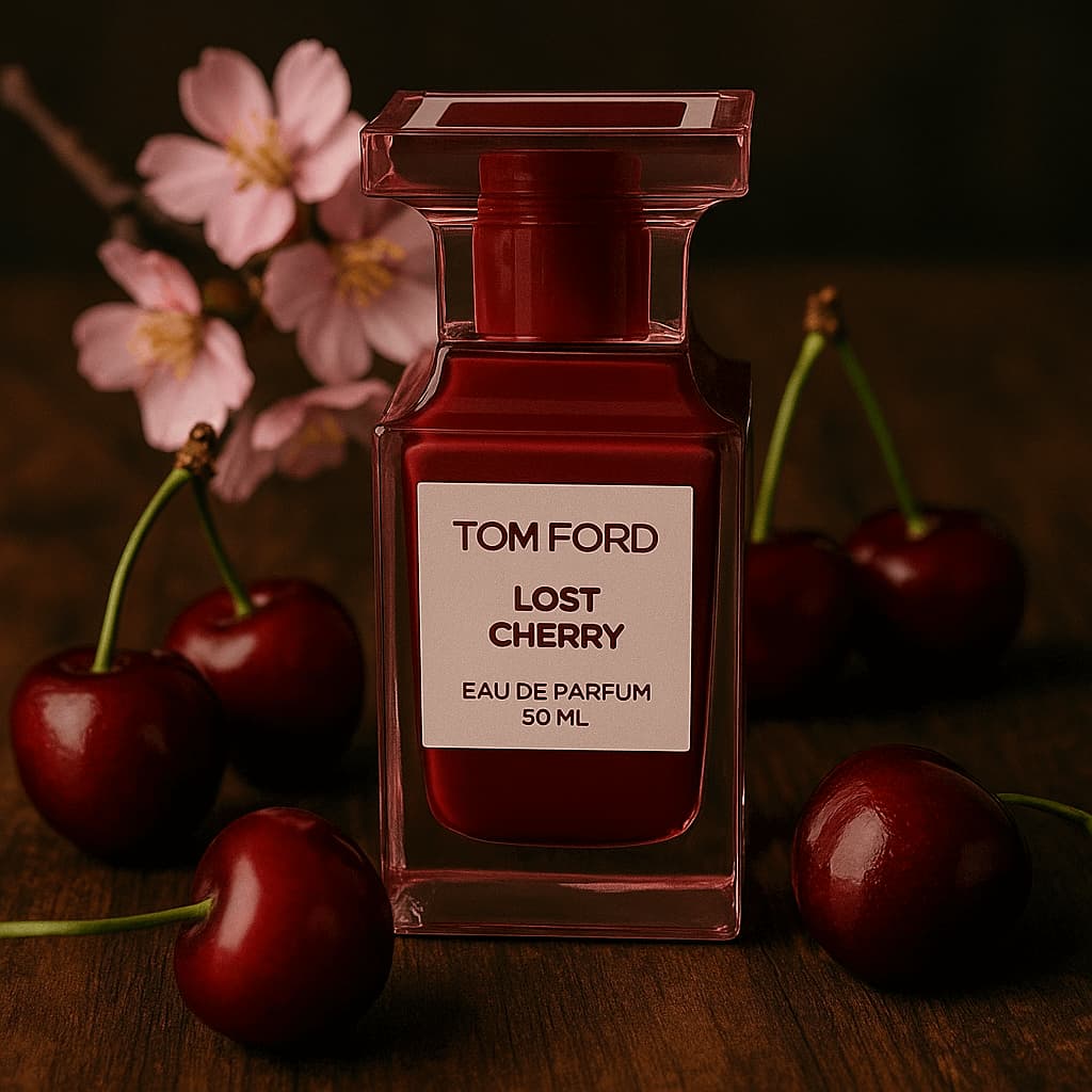 Tom Ford Lost Cherry perfume bottle with cherries and flowers on a dark background