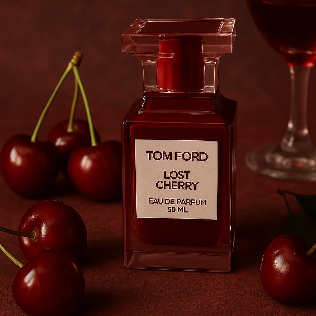 Tom Ford Lost Cherry eau de parfum bottle with cherries and a glass in the background