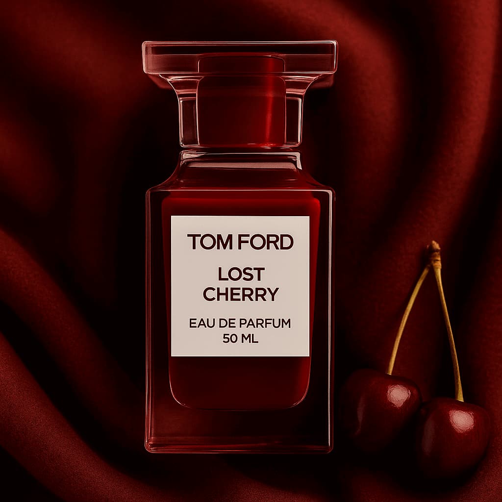 Tom Ford Lost Cherry perfume bottle with a cherry on a red background