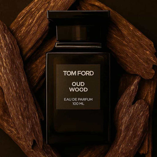Tom Ford Oud Wood perfume bottle surrounded by wooden elements on a dark background