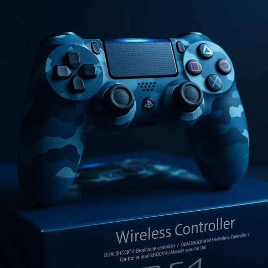 Blue gaming controller on a dark background with 'PS4' branding.