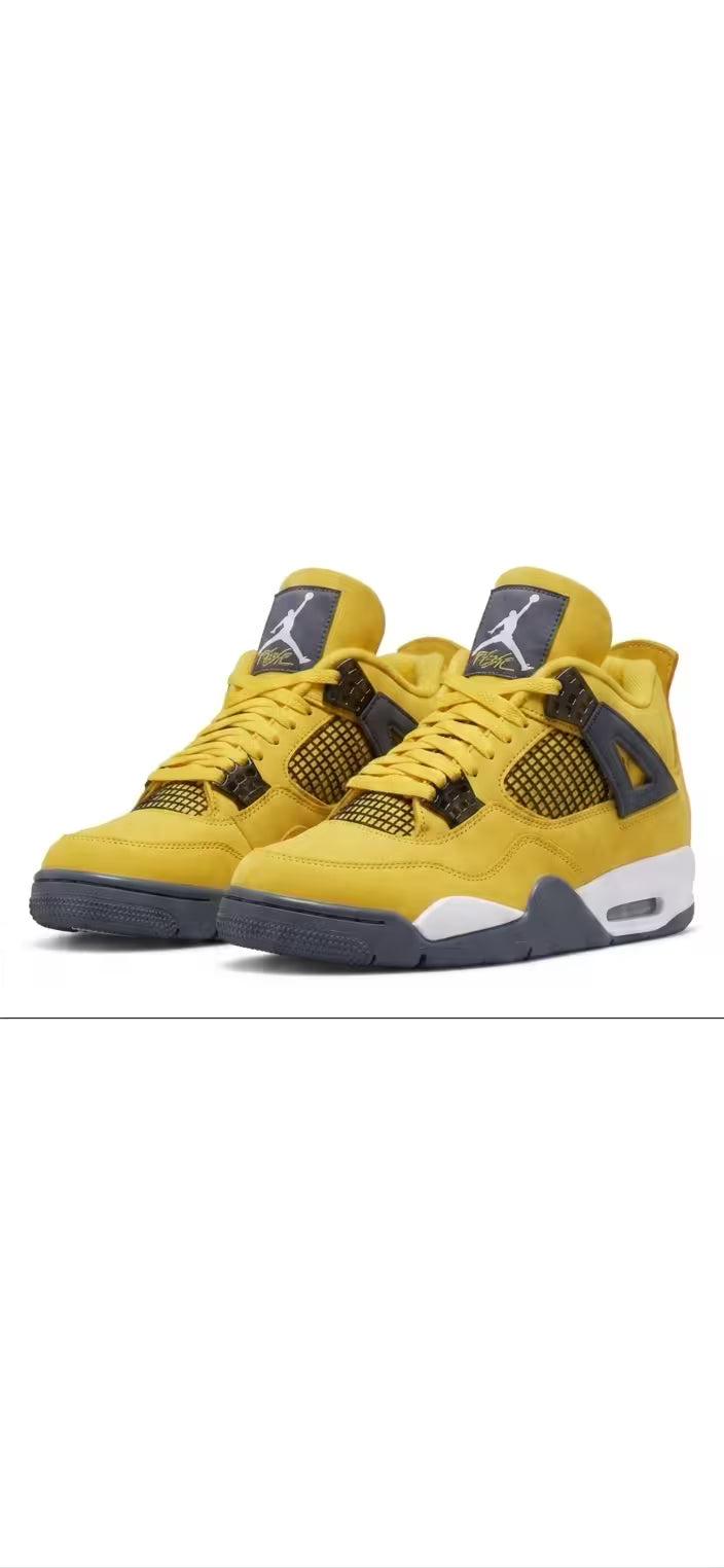 A 3/4 perspective product photo of a pair of Air Jordan 4 Retro 'Lightning' sneakers, featuring vibrant yellow nubuck uppers, dark grey structural wings, and grey tongue patches with white Jumpman and Flight logos. The shoes are placed side-by-side on a plain white background, with white midsoles, visible Air cushioning in the heel, and grey outsoles.