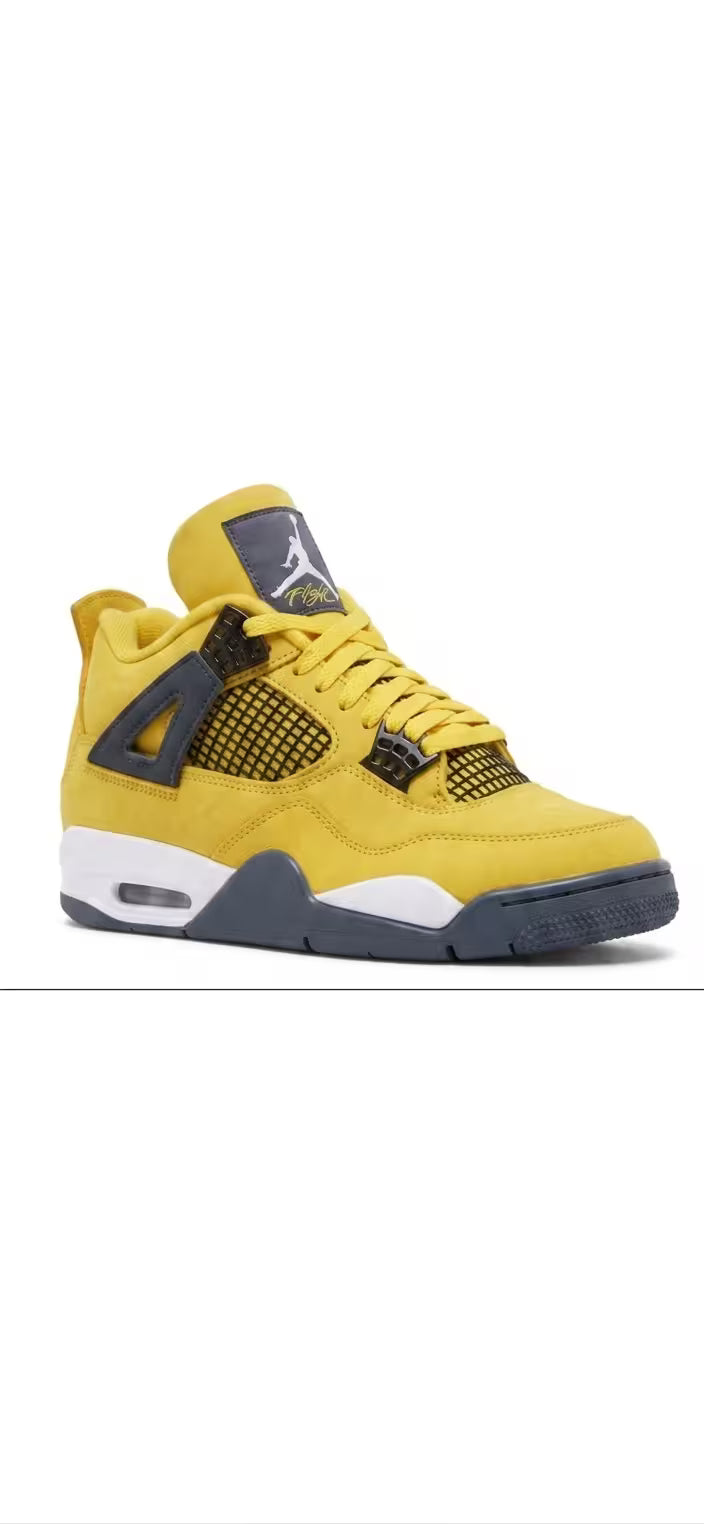 A 3/4 perspective product photo of the Air Jordan 4 Retro 'Lightning' sneaker, featuring a vibrant yellow nubuck upper, dark grey accents, black mesh panels, a white midsole with a visible Air unit, and a prominent grey tongue patch with a white Jumpman logo.