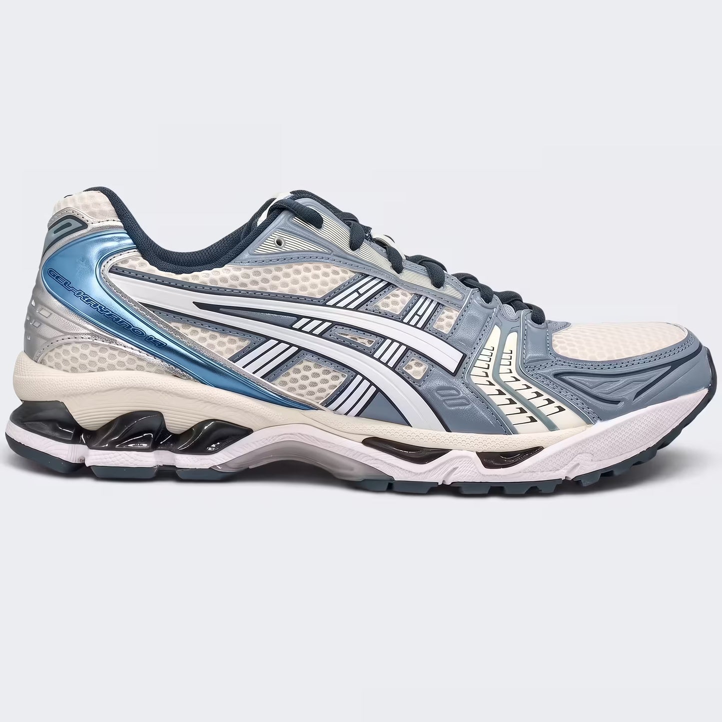 Verified ASICS Gel-Kayano 14 Cream/Raw Indigo 1203A537-116 90-degree lateral profile on clinical white background.