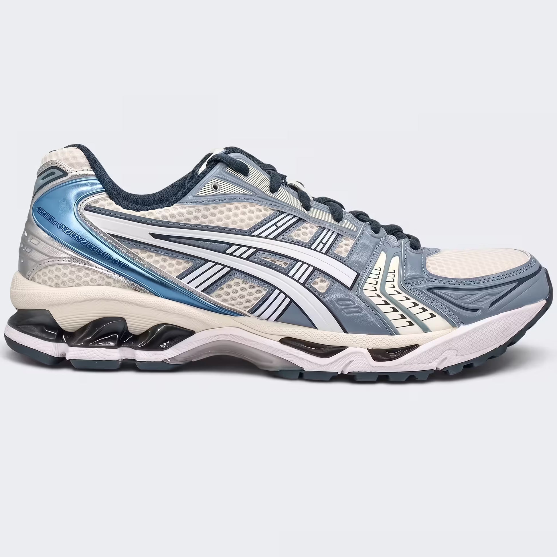 Verified ASICS Gel-Kayano 14 Cream/Raw Indigo 1203A537-116 90-degree lateral profile on clinical white background.