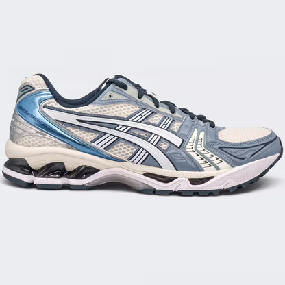Verified ASICS Gel-Kayano 14 Cream/Raw Indigo 1203A537-116 90-degree lateral profile on clinical white background.