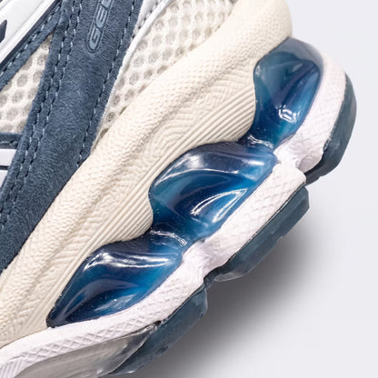 ASICS Gel-Kayano 14 Cream/Raw Indigo 1203A537-116 midsole detail showcasing translucent GEL cushioning pods.
