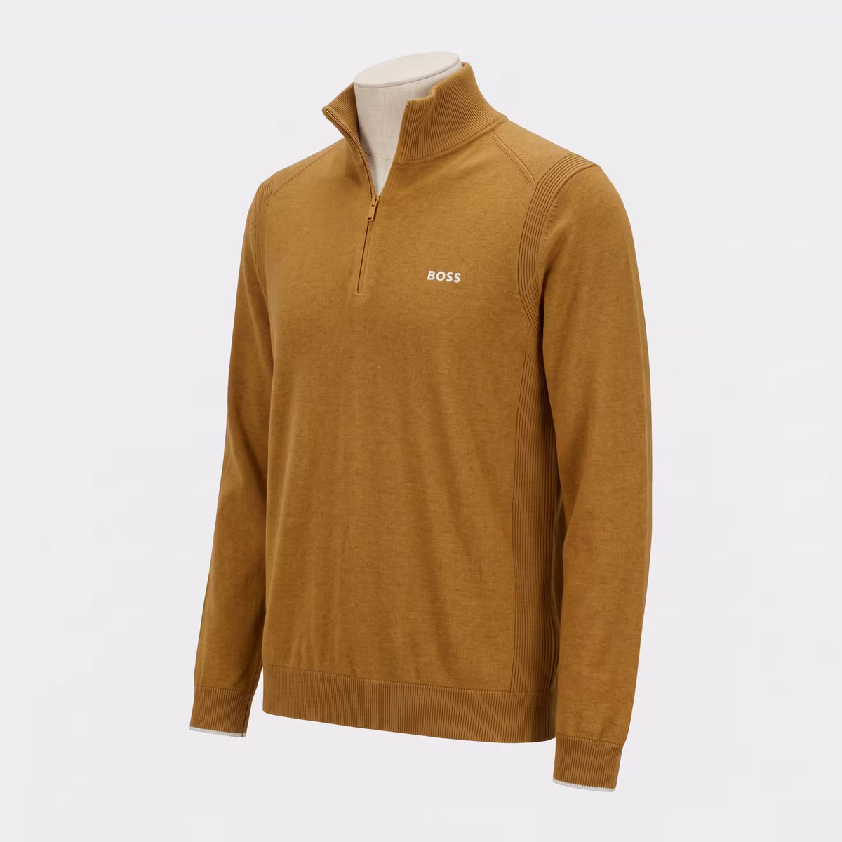 BOSS Ever Quarter-Zip Woven Jumper Camel | UK Checked