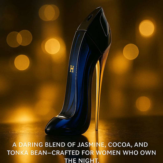 Blue high-heeled shoe with gold heel on a dark background with blurred lights