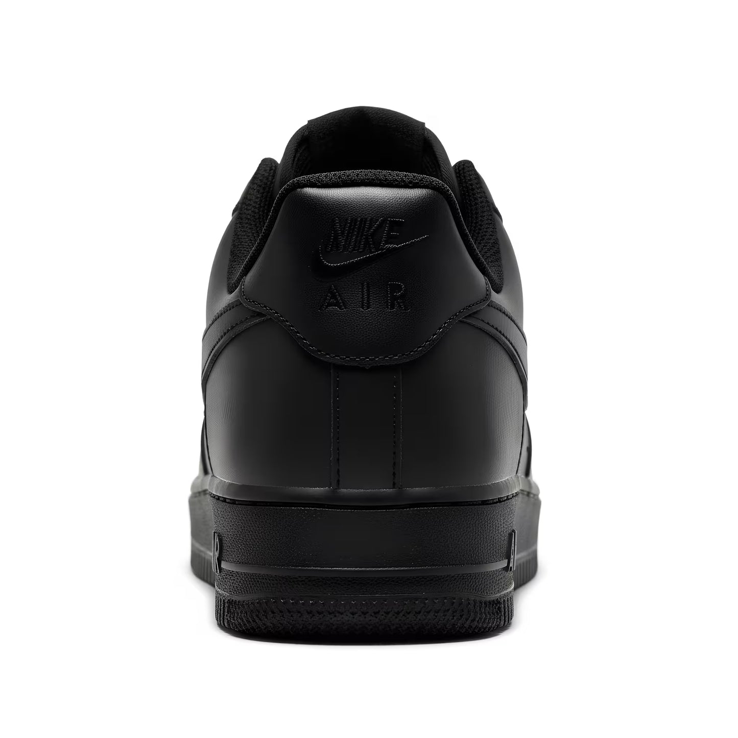 Black Nike Air Force 1 sneaker heel shot on a white background