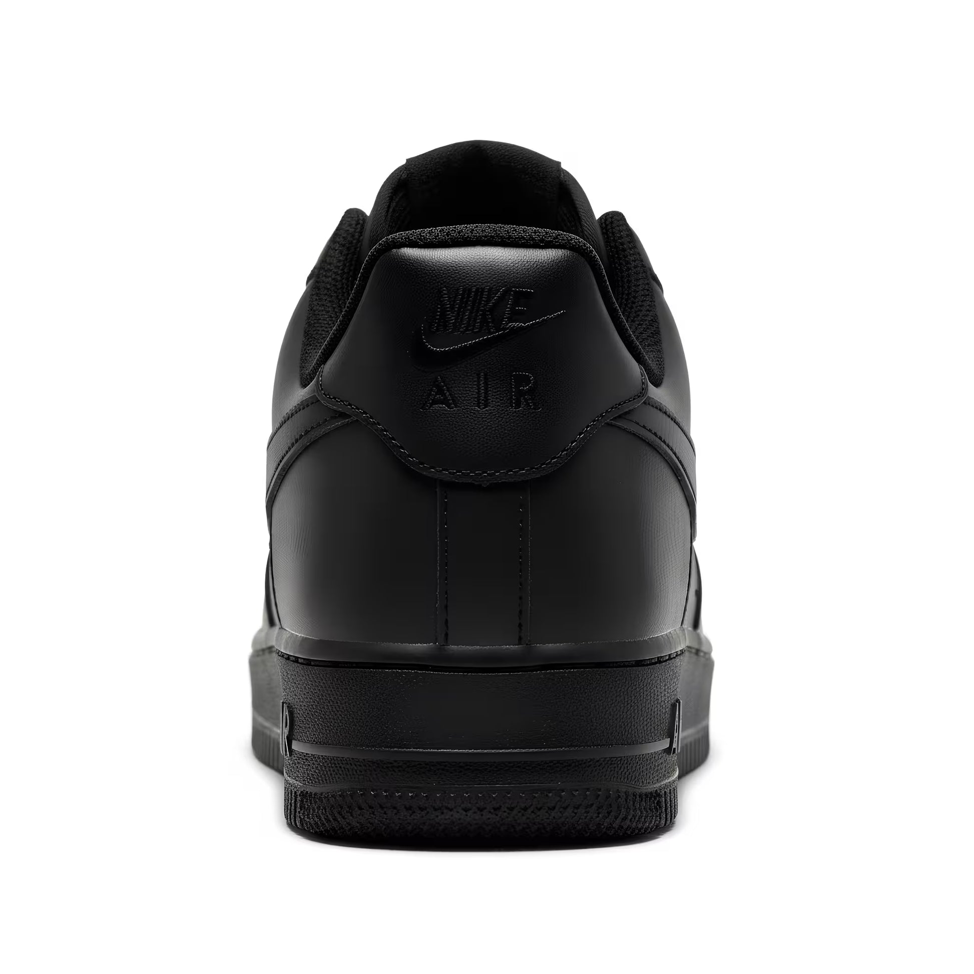 Black Nike Air Force 1 sneaker heel shot on a white background