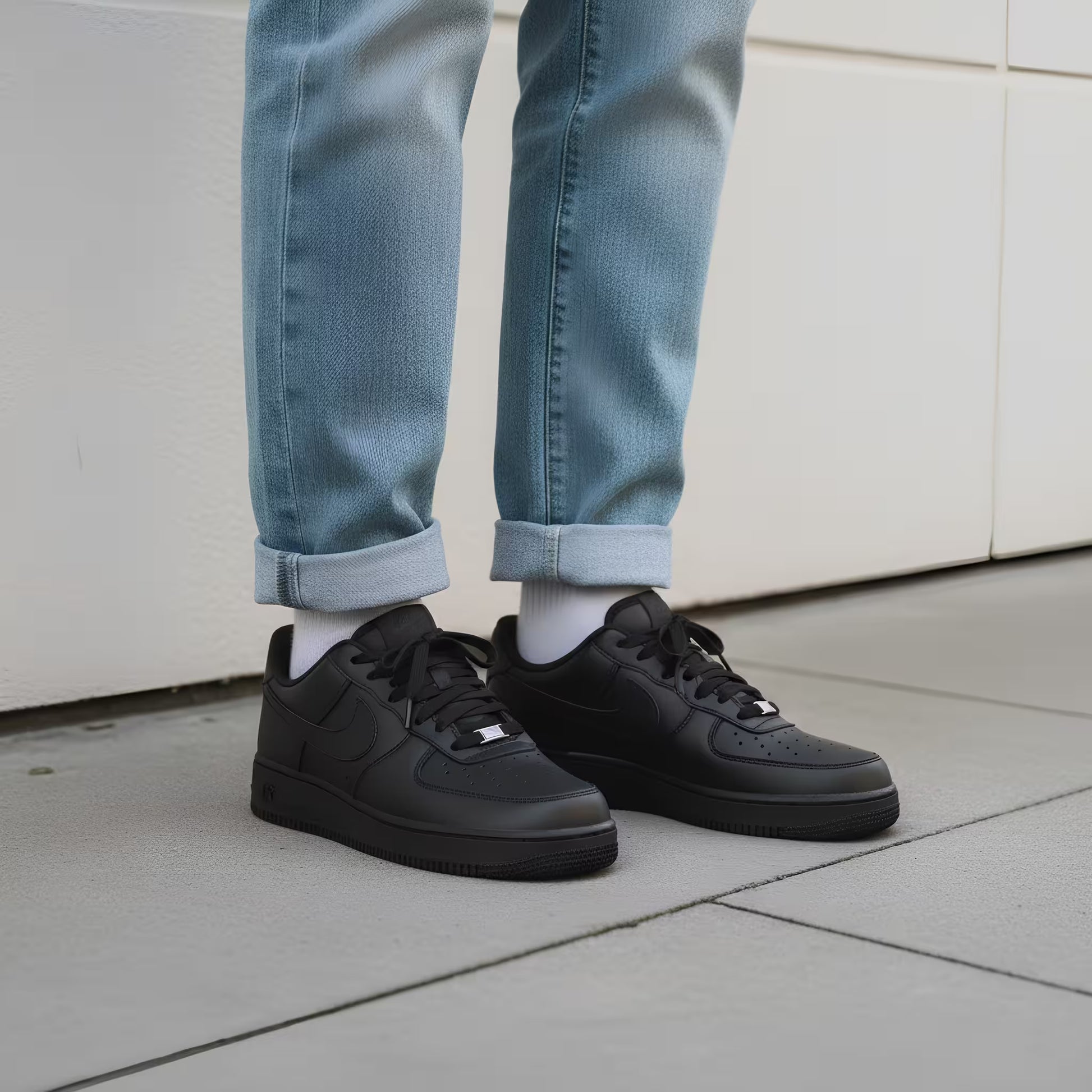 Person wearing black nike air force 1 sneakers and light blue jeans on a concrete floor. Lifestyle wearing shot.