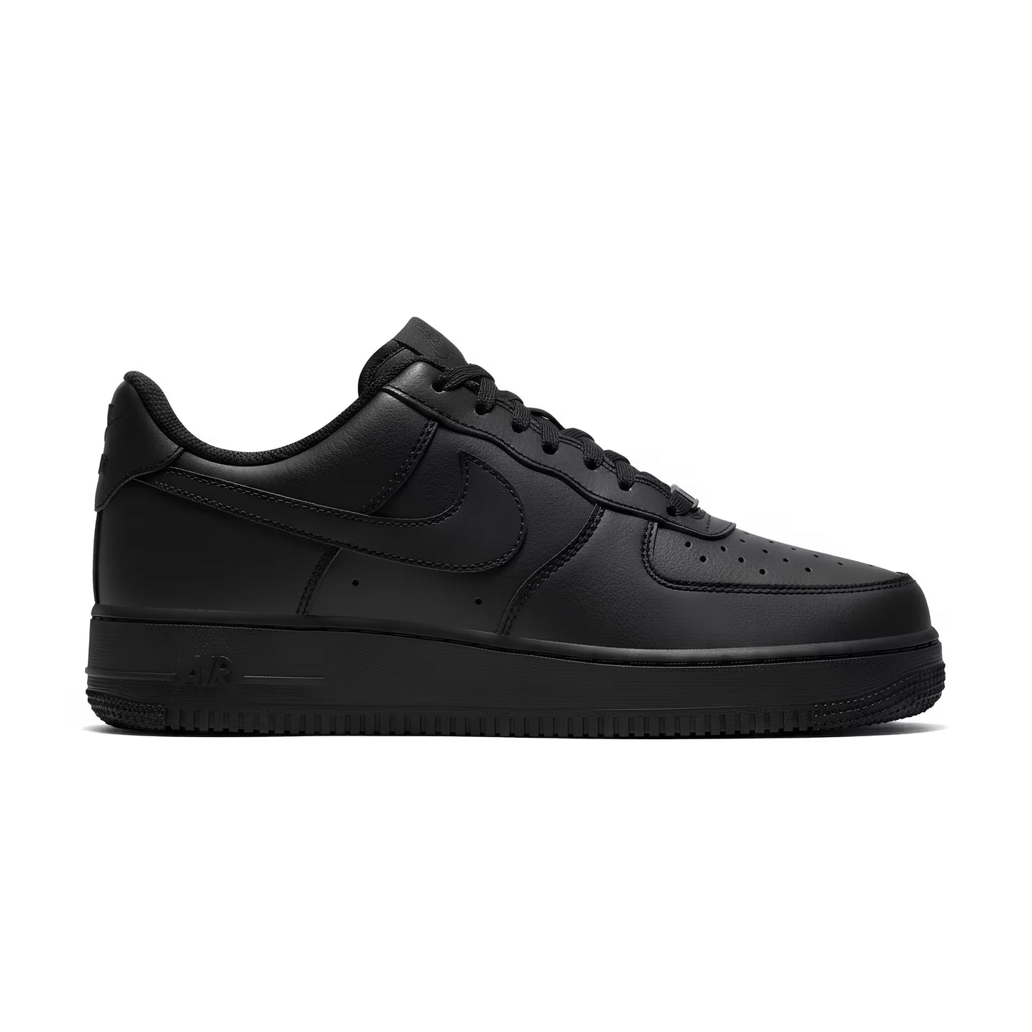 Nike Air Force 1 Black sneaker right shoe side profile on a white background