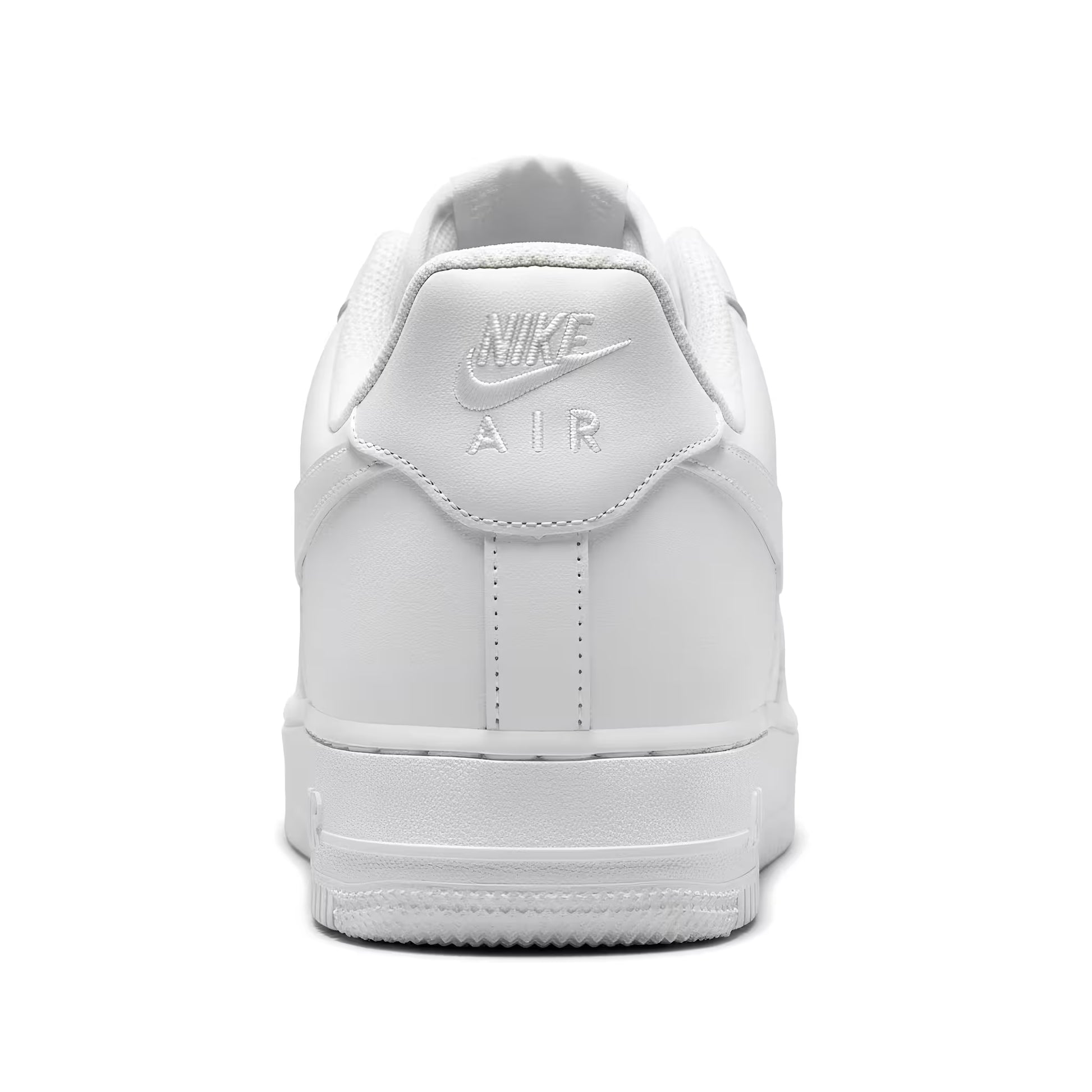 White Nike Air Force sneaker heel shot on a white background