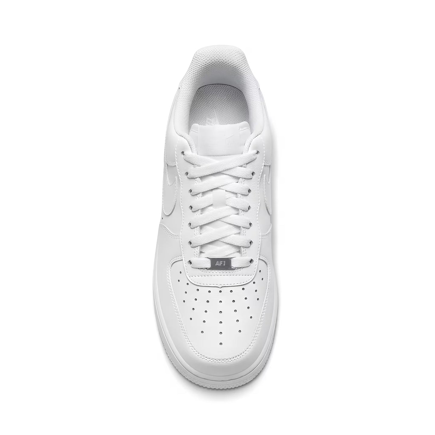 A White Nike Air Force 1 sneaker on a white background from a top down perspective. 