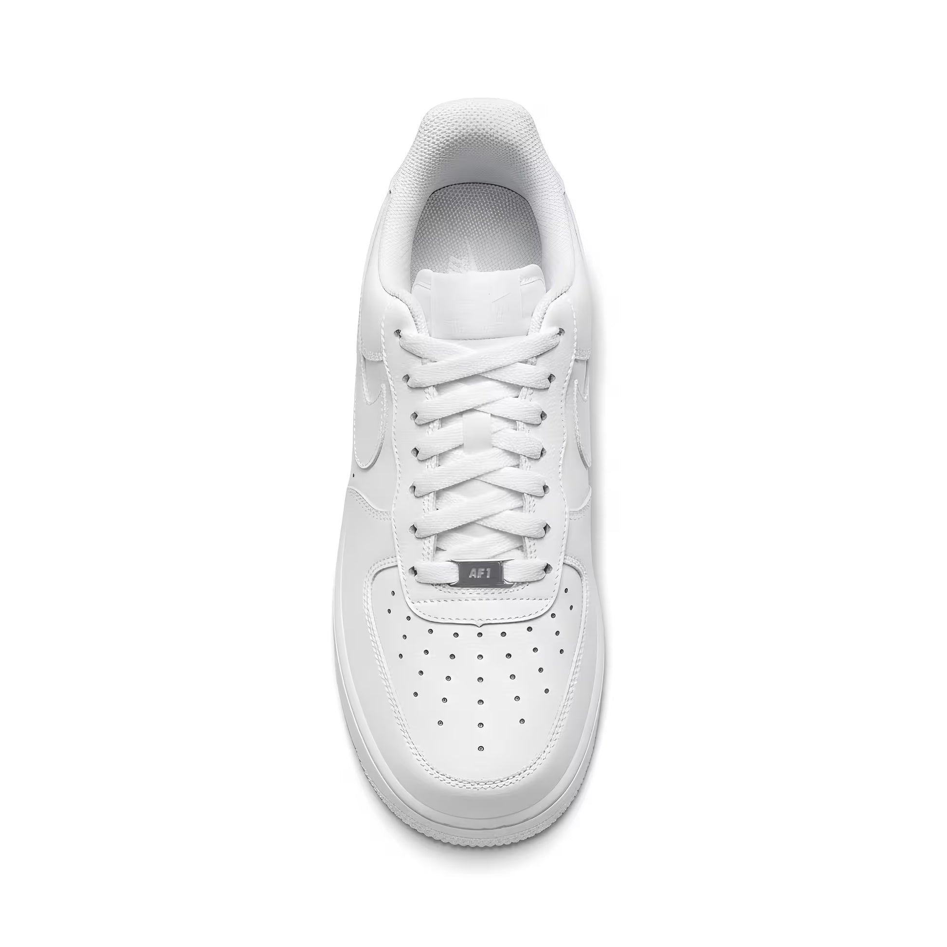 A White Nike Air Force 1 sneaker on a white background from a top down perspective. 