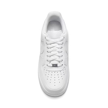 A White Nike Air Force 1 sneaker on a white background from a top down perspective. 