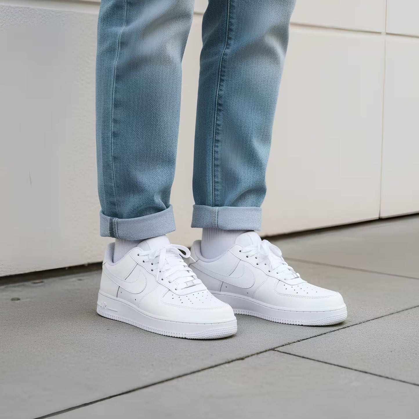 Nike Air Force 1 White sneakers worn with light blue jeans on a neutral lifestyle street background