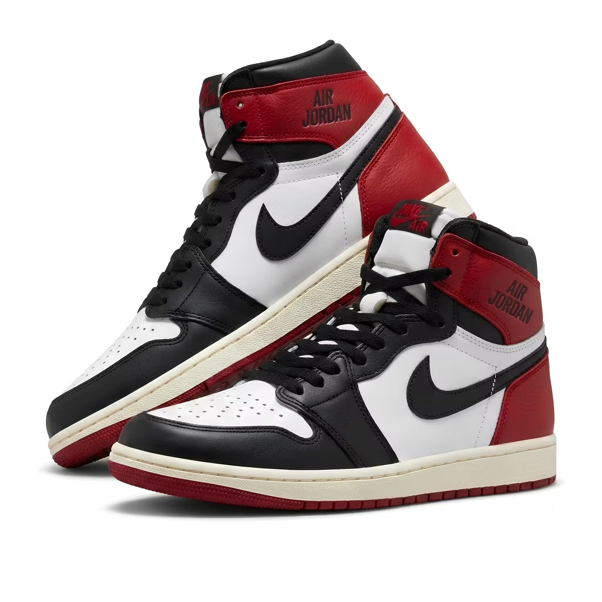 Black, red, and white AJ1 Air Jordan with Nike and Jordan branding on a white background
