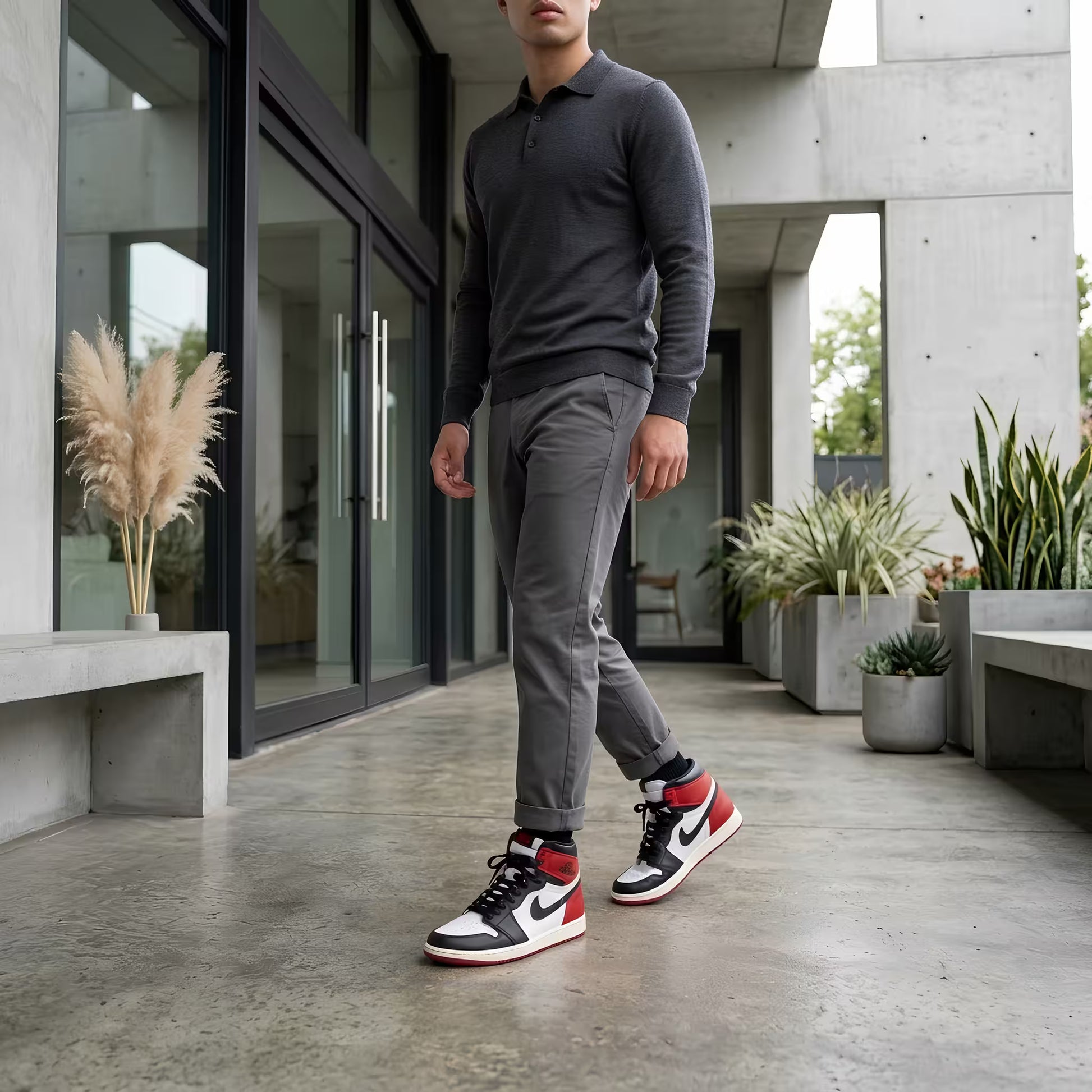 Man wearing a gray sweater and pants with black and red jordan shoes in an outdoor setting.