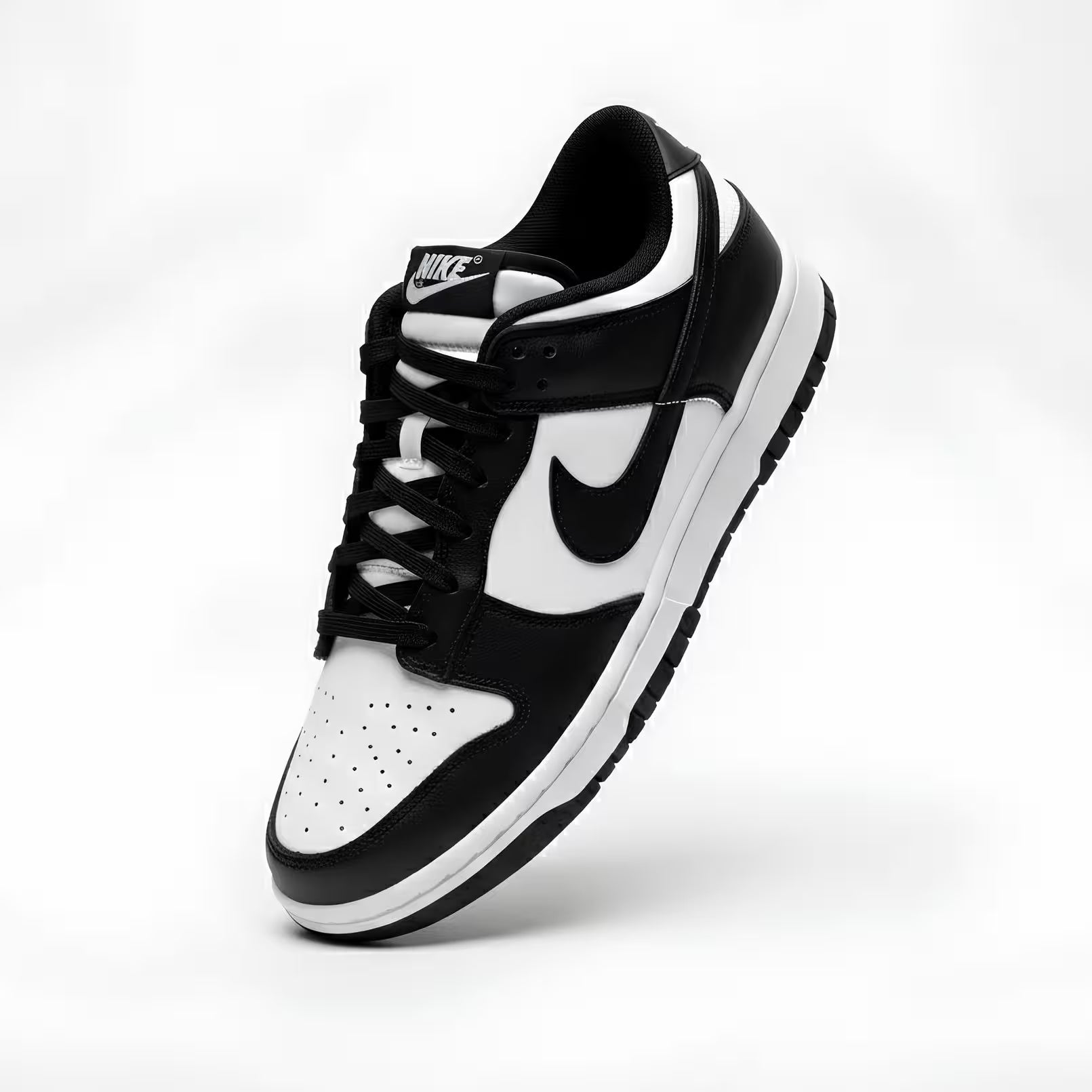 Black and white sneaker with Nike logo on a light gray background