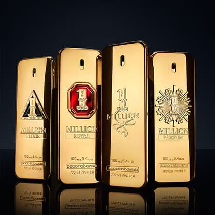 Four gold perfume bottles with different designs and branding on a black background