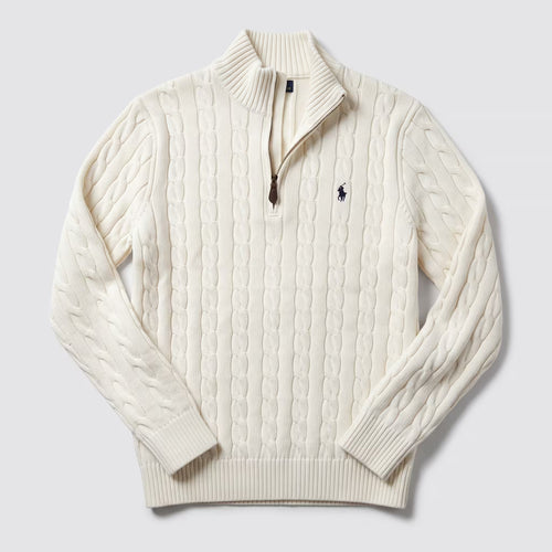 Suéter Polo Ralph Lauren Cable-Knit Meio Zíper Branco Creme Andover
